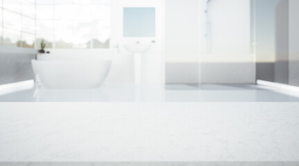 3d rendering of white marble counter or countertop with blur bathroom or shower room. Modern interior design in perspective. Empty space with rock or stone texture pattern at surface for background.
