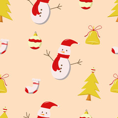 Christmas Seamless Pattern with snowman, christmas bell, christmas tree, socks, and crystal ball, easy to edit

