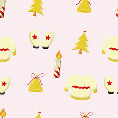 Christmas Seamless Pattern with christmas tree, gloves, candle, christmas bell, and sweater, easy to edit
