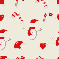 Christmas Seamless Pattern with snowman, scarf, santa hat, candy, heart with arrow, easy to edit
