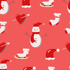 Christmas Seamless Pattern with heart with arrow, snowman, socks, and santa hat, easy to edit
