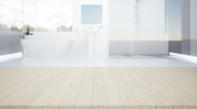 3d rendering of wood counter, table top or countertop with blur bathroom or shower room. Modern interior design in perspective view. Empty space with wooden texture pattern at surface for background.
