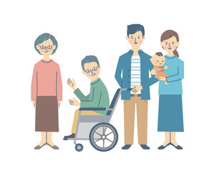 車椅子の介護者と家族