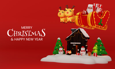 3d render santa claus riding sleigh with two reindeer