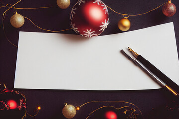Christmas decoration with and empty paper in center. Space for text, top view composition, flat lay