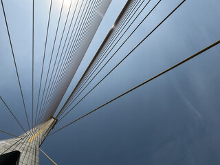 Suspension bridge bottom up details of tower column and sling under the sun 