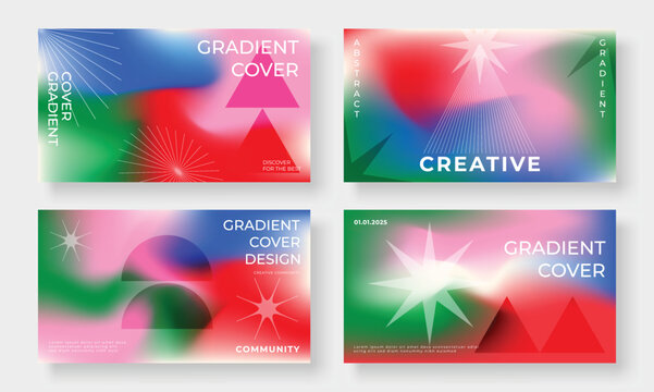 Set of template background design vector. Collection of creative trendy abstract gradient vibrant color blurred background, geometric shapes, line art. Design for business card, cover, banner, poster.