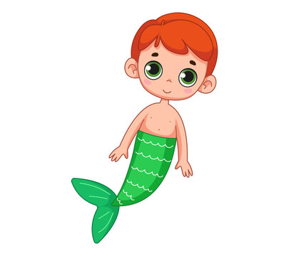 A cute little red-haired boy with a mermaid tail. Vector illustration of magic character in cartoon childish style. Isolated funny clipart on white background. Cute mermaid boy print.