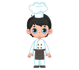Cute little boy in a chef's outfit and a cap. Vector illustration of a character in a cartoon childish style. Isolated funny clipart on white background. cute baby baker print.