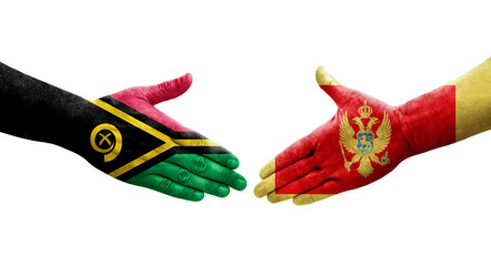 Handshake between Montenegro and Vanuatu flags painted on hands, isolated transparent image.