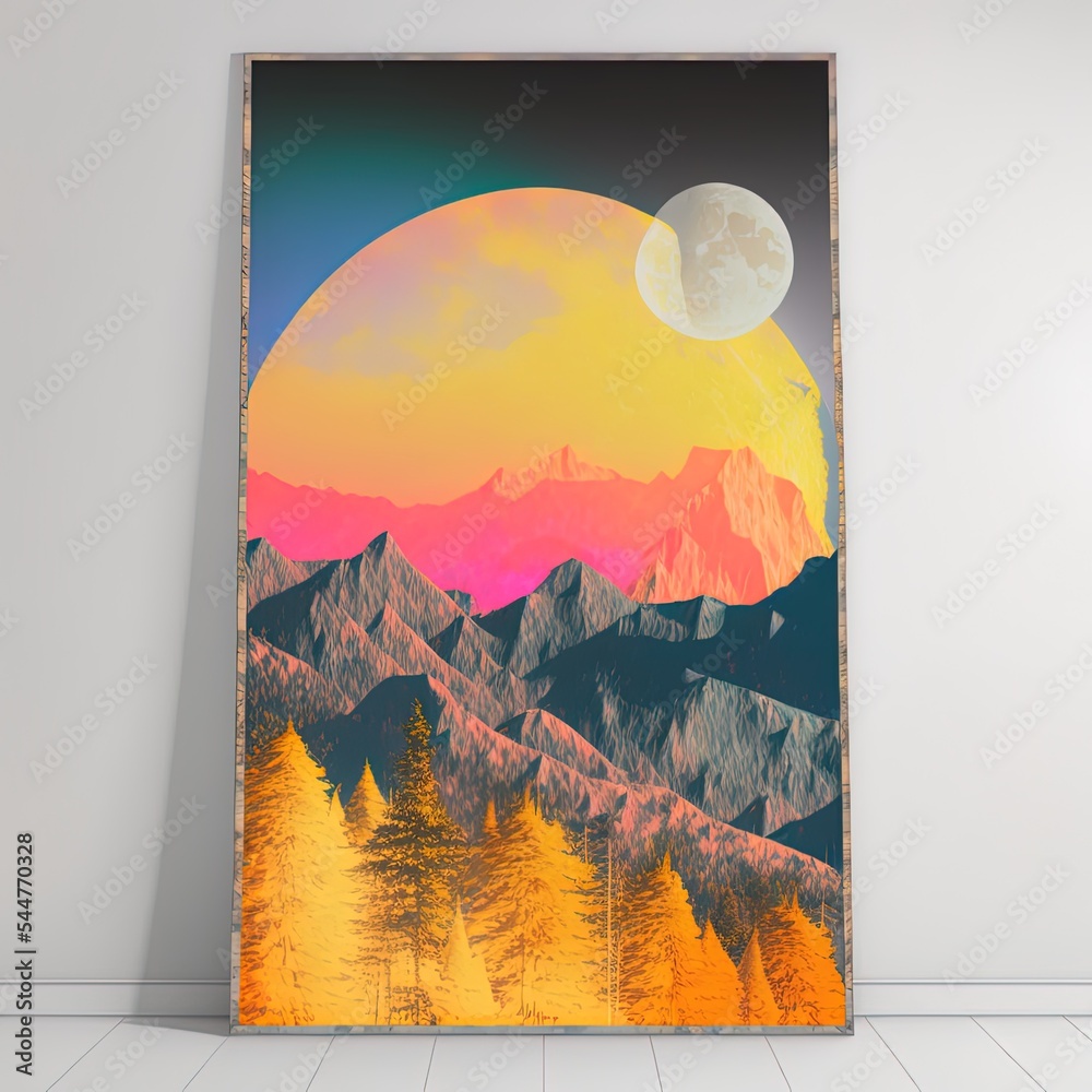 Sticker Beautiful natural scenery mountains and colorful trees and colorful moon, minimal art landscape, mountain wall art, abstract boho nature wall, ideal art to decorate your living room or office.