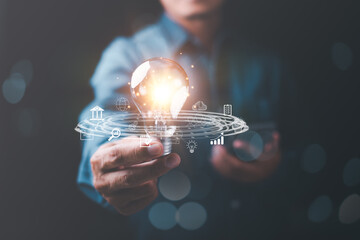 businessman holding light bulb in hand, virtual icons representing big data concepts, cyberspace technology and internet network databases, innovative connections and communications around the world.