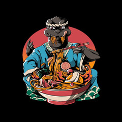 dinosaur eating ramen, suitable for design purposes, posters, stickers, banners, t-shirts