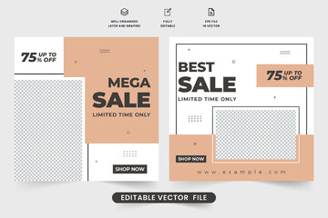 Best shop sale offer poster design in dark and nude colors. Special store promotional template vector for social media marketing. Limited time mega sale discount web banner design for fashion brands.