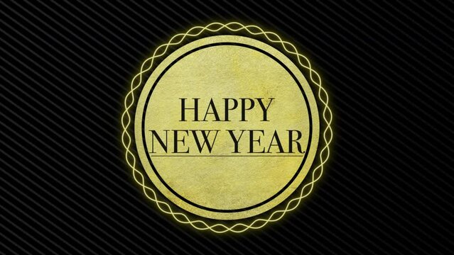 Happy New Year with gold circle on black texture, motion abstract holidays, luxury and promo style background