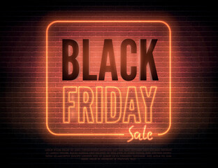 Black friday Red neon light box with annual discount offer promo. Year biggest sale vector banner template. Stylish seasonal clearance advert. Price reduction minimal sticker design.
