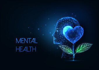 Mental health concept with human head and heart shape flower. Futuristic glowing style on dark blue