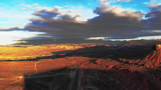 Aerial descent over highway scene in southwest USA