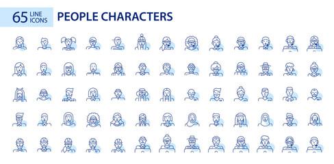 65 line art people character and user avatar icons. Pixel perfect, editable stroke design