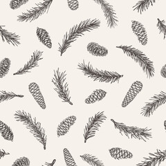 Botanical seamless pattern with fir branches and cones. Christmas background. Winter ornament for packaging, textiles, wallpaper. Vector vintage illustration. Black and White. Sketch.