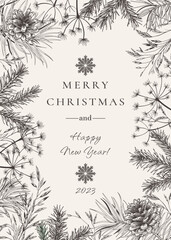Christmas frame with fir and pine branches and cones. Vintage card with dried grasses.  New year template. Botanical vector illustration. Black and White. Sketch.