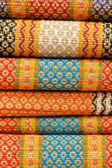 Pallet of vivid and colorful Indian fabric, India textile.