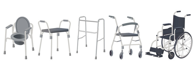 Means of rehabilitation of the disabled.A medical instrument for rehabilitation.Wheelchair, walker and toilet chair for people with disabilities and the elderly.Vector illustration.