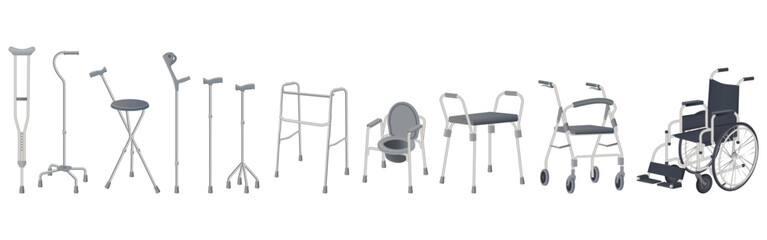 Fototapeta na wymiar Wheelchair, walker and walking sticks.Crutches, strollers, walkers, portable toilet and walking sticks.Vector illustration.