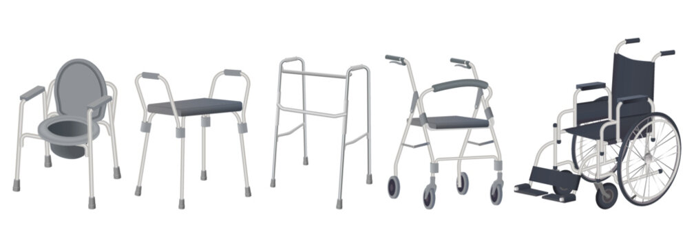 Means Of Rehabilitation Of The Disabled.A Medical Instrument For Rehabilitation.Wheelchair, Walker And Toilet Chair For People With Disabilities And The Elderly.Vector Illustration.