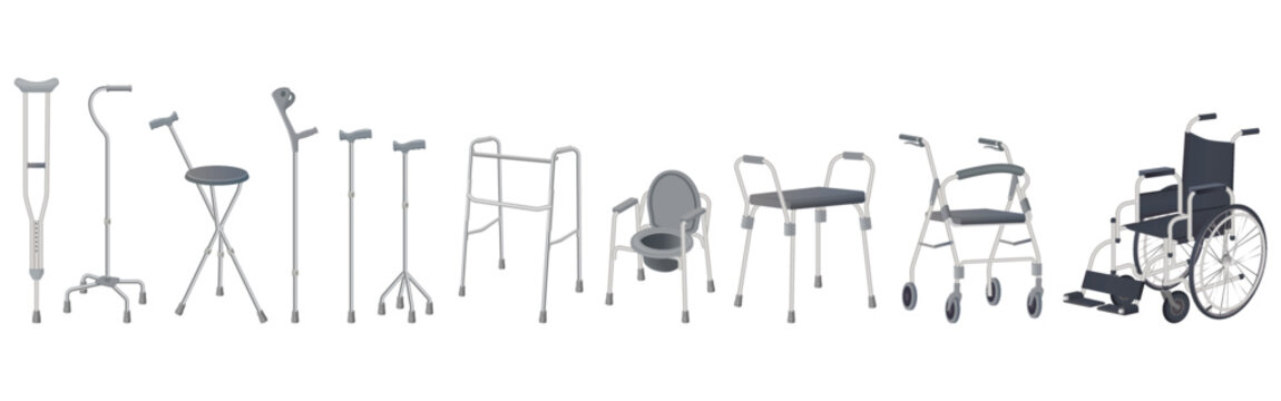 Wheelchair, walker and walking sticks.Crutches, strollers, walkers, portable toilet and walking sticks.Vector illustration.