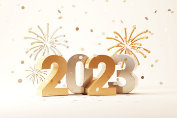 Gold color 2023 3d text New Year with fireworks and falling shiny confetti on yellow background, 3d render.