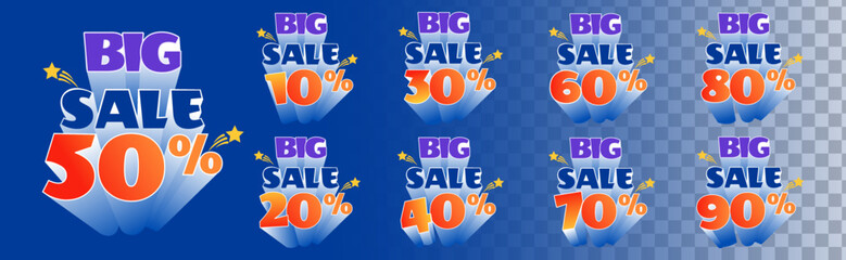 Set of Big Sale Discount numbers vector. Price off tag design collection. 10%, 20%, 30%, 40%, 50%, 60%, 70%, 80%, 90%, percent and dollar illustration.