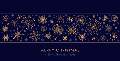 Merry Christmas greeting card elegant with fireworks, snowflakes and stars in gold and dark blue like night sky, printable in DIN lang and as banner for social media ads, web und internet