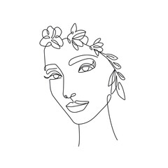 Woman Face with Flowers One Line Drawing. Female Portrait Minimalist Style. Botanical Nature Trendy Symbol for Cosmetics. Continuous Line Art Fashion Minimal Print. Beauty Logo. Vector EPS 10
