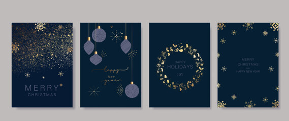 Frohe Feiertage, Weihnachtsgrüße und Neujahrsvektorvorlagenkarten mit weihnachtlicher Elementdekoration