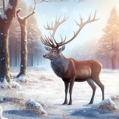 Snowy winter wildlife. Red deer, Cervus elaphus, big animal in the nature forest habitat. Deer in the oak trees mountain, Studen Kladenec, Eastern Rhodopes, Bulgaria in Europe. Snow animal.
