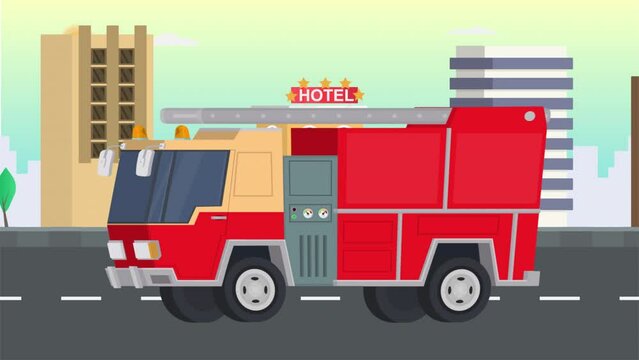 Fire truck. Animation of fire transport on a city street. Cartoon