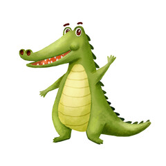 Fototapeta premium Cute Crocodile waving hand. Funny Alligator isolated on white. Cartoon hand drawn Illustration. Green Animal Character