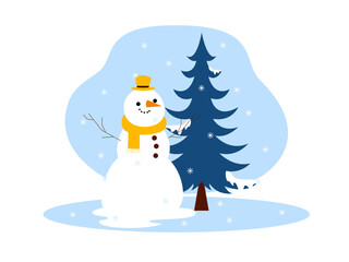 Giant snowman. Snowman and fir trees in winter season. Vector illustration 