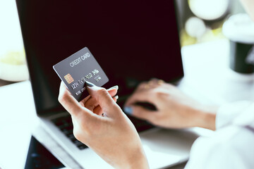 Concept online payment with credit card. Hand of men using laptop for to payment make online health insurance.