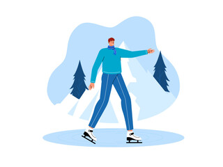 Skate in winter, vector illustration. Interesting and favorite activity in winter.