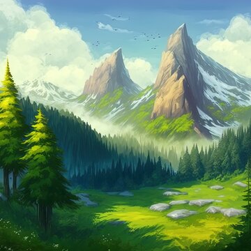 Mountain Forest. Nature Scene. Fantasy Backdrop. Concept Art. Realistic Illustration. Video Game Background. Digital Painting. Scenery Artwork. Serious Painting. Book Illustration.