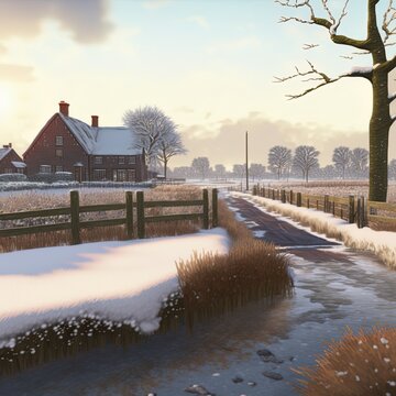 farm and snow covered meadows in centre of holland near utrecht on utrechtse heuvelrug