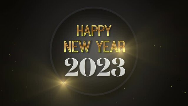 2023 years and Happy New Year in circle with fly gold glitters on black gradient, motion abstract holidays, awards, happy new year and winter style background