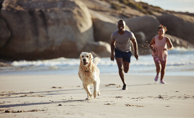 Dog, running and beach with a black couple and pet on vacation feeling happiness and free. Sea, sand and holiday freedom of a family animal and people by the sea and sand on a morning run together
