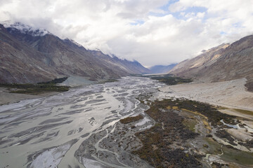 aerial view of Nubra valley and Nubra river in Himalayas. Ladakh, India
