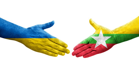 Handshake between Myanmar and Ukraine flags painted on hands, isolated transparent image.