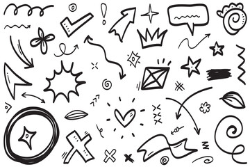 Abstract arrows, ribbons, fireworks, hearts, lightning,love , leaf, stars, cone, crowns and other elements in a hand drawn style for concept designs. Scribble illustration.