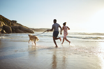 Exercise, couple and dog at the beach for running, training and fitness, cardio and mockup space....