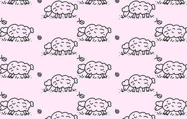 Cute sheep seamless pattern in childish style. Vector Illustration. Can be used for fabric and textile, wallpapers, backgrounds, home decor, posters, cards.